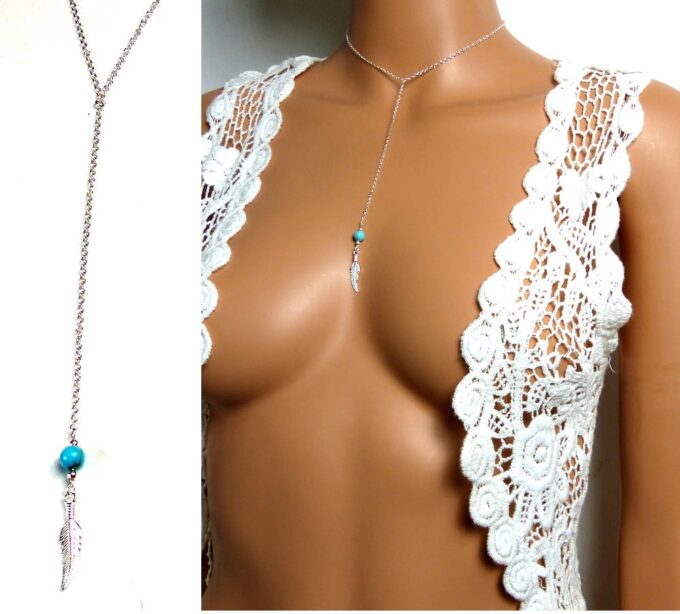 N4978 collier plume argent massif et turquoise