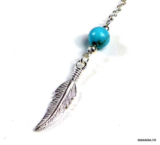 N4978a collier plume argent massif et turquoise