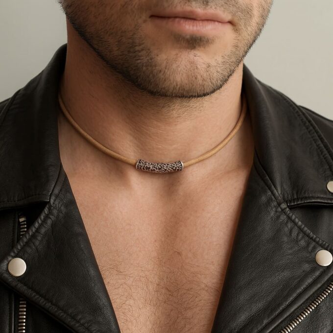 N4986 Collier cordon cuir artisanal - perle tube argent 925 massif filigranée - Bijoux Colliers cordons en ligne Ninanina