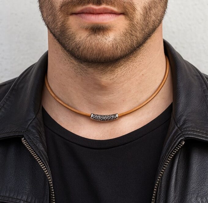 N4986b Collier cordon cuir artisanal - perle tube argent 925 massif filigranée - Bijoux Colliers cordons en ligne Ninanina