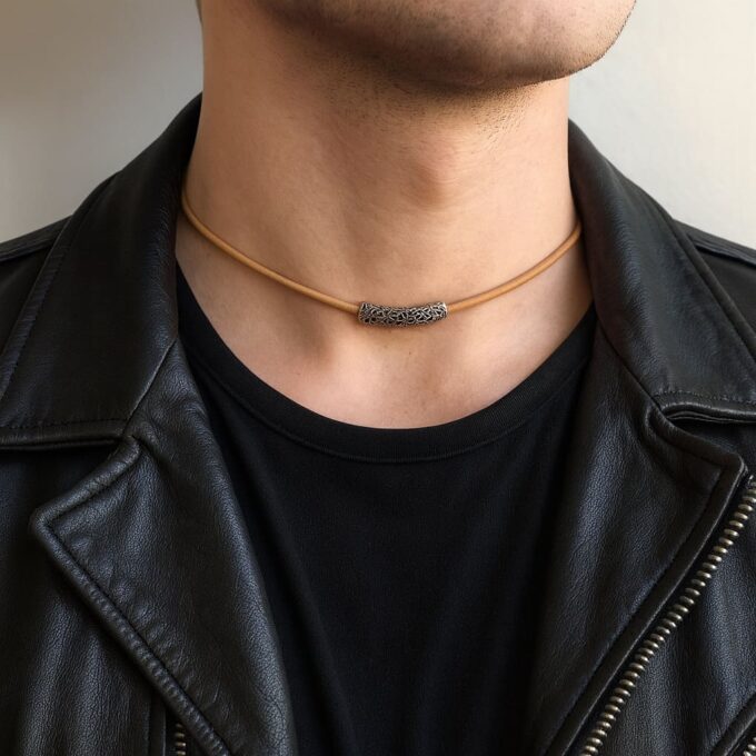 N4986c Collier cordon cuir artisanal - perle tube argent 925 massif filigranée - Bijoux Colliers cordons en ligne Ninanina