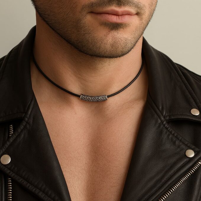 N4986e Collier cordon cuir artisanal - perle tube argent 925 massif filigranée - Bijoux Colliers cordons en ligne Ninanina