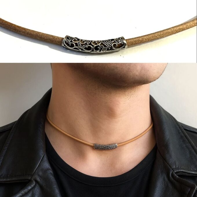 N4986g Collier cordon cuir artisanal - perle tube argent 925 massif filigranée - Bijoux Colliers cordons en ligne Ninanina