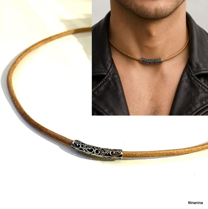 N4986i Collier cordon cuir artisanal - perle tube argent 925 massif filigranée - Bijoux Colliers cordons en ligne Ninanina