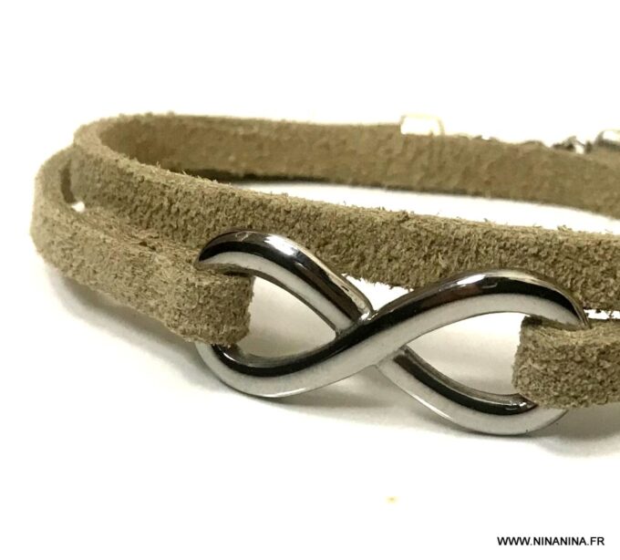 N4988b Bracelet infini femme pas cher acier argent 2 tours lacet cuir naturel - Bijoux Bracelets en ligne Ninanina