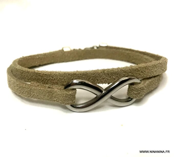 N4988d Bracelet infini femme pas cher acier argent 2 tours lacet cuir naturel - Bijoux Bracelets en ligne Ninanina