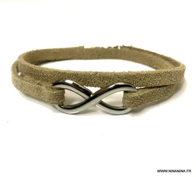 N4988f Bracelet infini femme pas cher acier argent 2 tours lacet cuir naturel - Bijoux Bracelets en ligne Ninanina