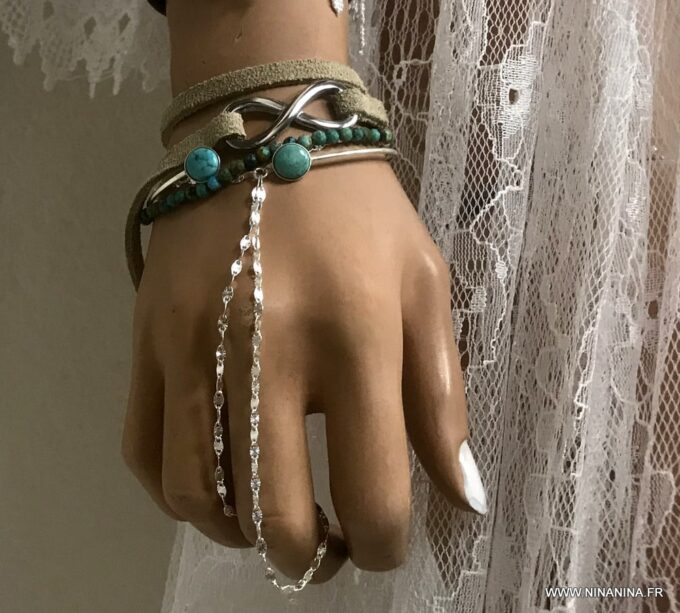 N4988g Bracelet infini femme pas cher acier argent 2 tours lacet cuir naturel - Bijoux Bracelets en ligne Ninanina