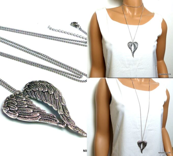N4992 collier log sautoir aile d'ange acier inoxydable