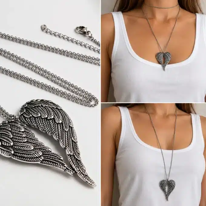 N4992 Collier long fantaisie pendentif ailes d'ange - sautoir femme - Bijoux colliers femmes en ligne Ninanina
