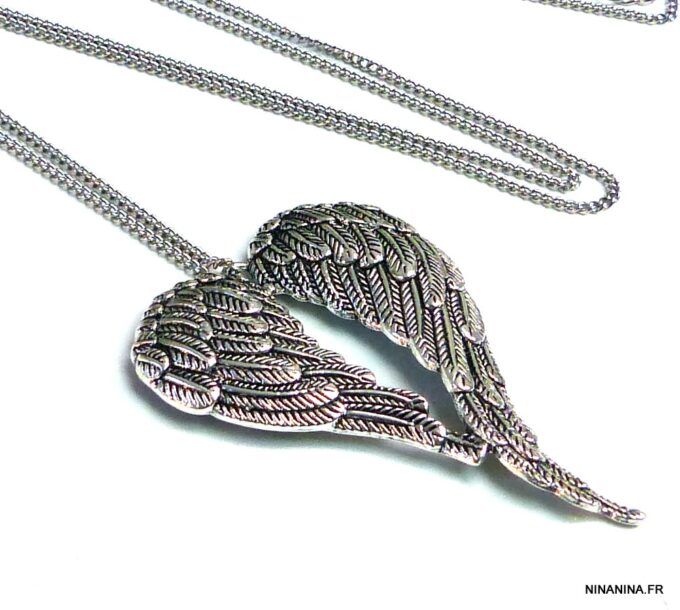 N4992a collier log sautoir aile d'ange acier inoxydable