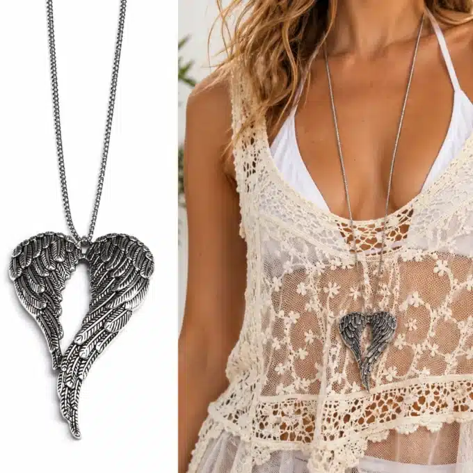N4992a Collier long fantaisie pendentif ailes d'ange - sautoir femme - Bijoux colliers femmes en ligne Ninanina