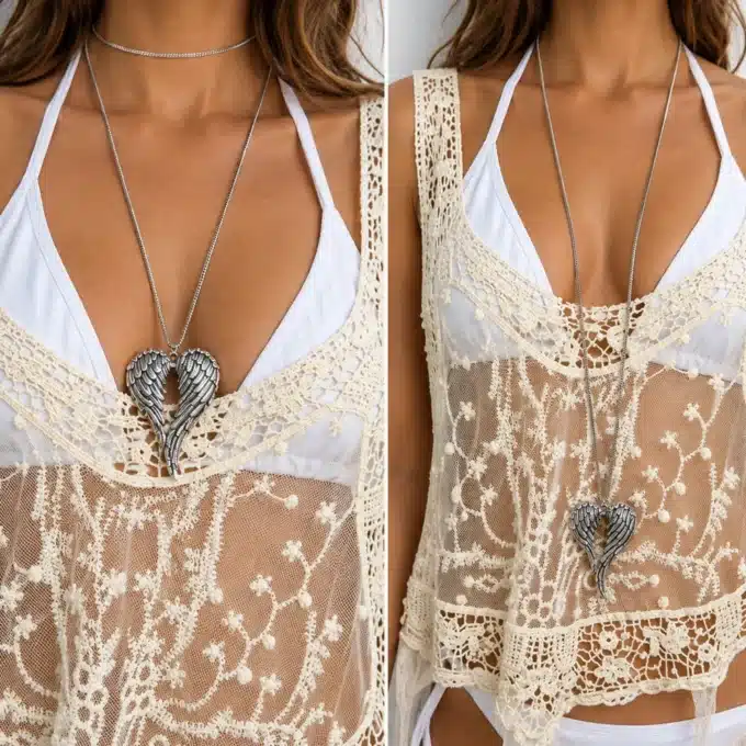 N4992b Collier long fantaisie pendentif ailes d'ange - sautoir femme - Bijoux colliers femmes en ligne Ninanina