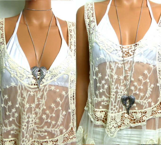 N4992b collier long sautoir aile d'ange acier inoxydable