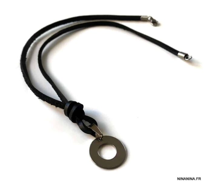 N4994g Collier homme pendentif rond Acier inoxydable lacet cuir - Bijoux Colliers en ligne Ninanina
