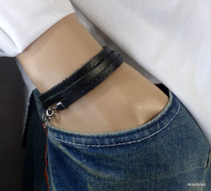 N4998b Bracelet homme cuir 3 tours personnalisé coordonnées position GPS fermoir acier inoxydable