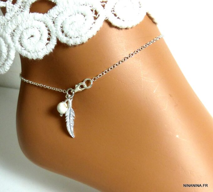 N5003 Chaine de cheville argent massif et turquoise blanche