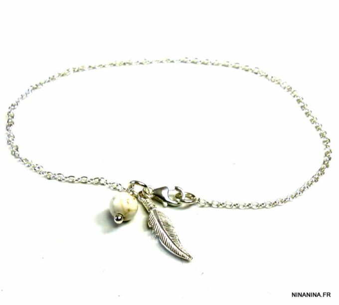 N5003a Chaine de cheville argent massif et turquoise blanche