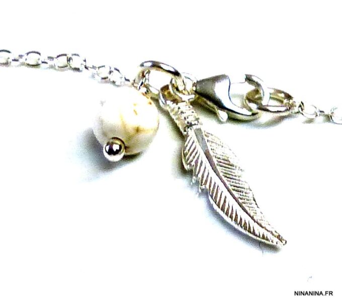 N5003b Chaine de cheville argent massif et turquoise blanche
