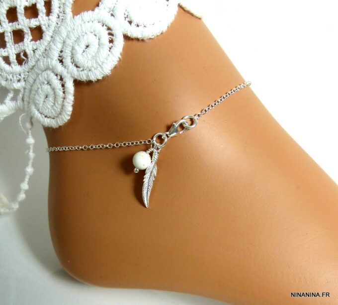 N5003c Chaine de cheville argent massif et turquoise blanche