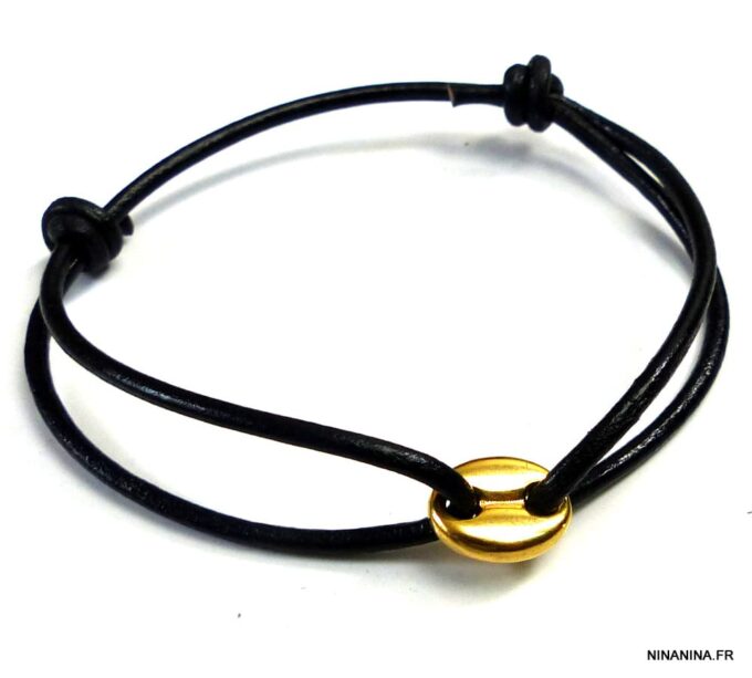 N5006 bracelet cordon cuir grain de café acier inoxydable doré