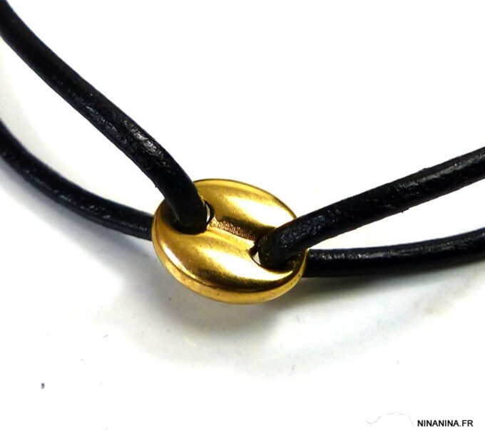 N5006a bracelet cordon cuir grain de café acier inoxydable doré