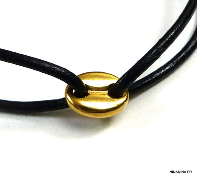 N5006c bracelet cordon cuir grain de café acier inoxydable doré