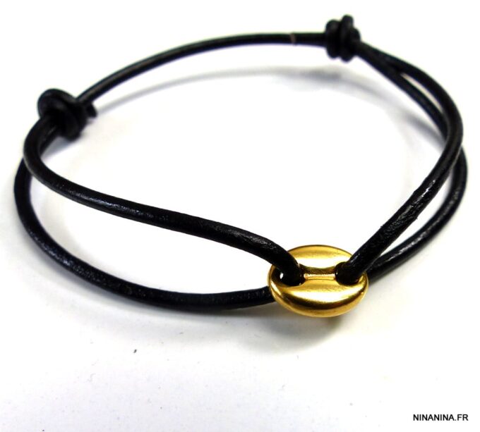 N5006d bracelet cordon cuir grain de café acier inoxydable doré