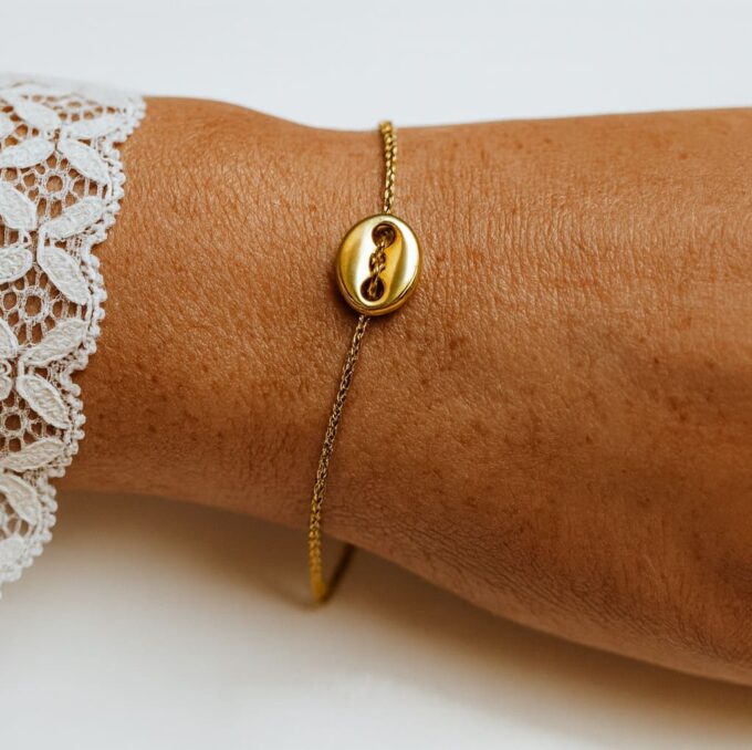 N5013a Bracelet grain de café femme artisanal sur chaine Acier inoxydable doré - Bijoux Bracelets en ligne Ninanina