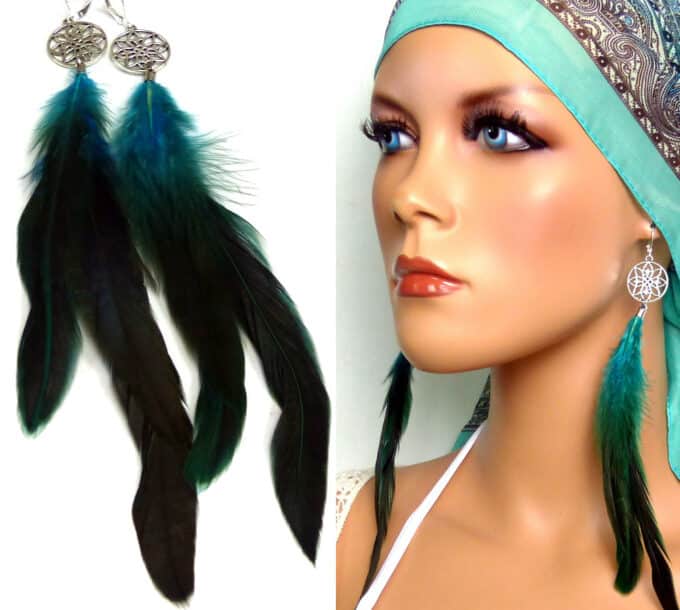N5022 boucles d'oreilles plumes turquoises