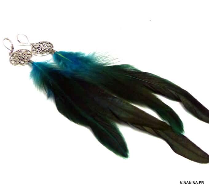 N5022B boucles d'oreilles plumes turquoises