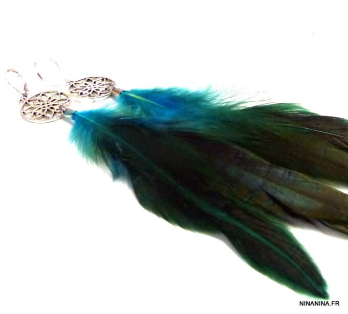 N5022F boucles d'oreilles plumes turquoises