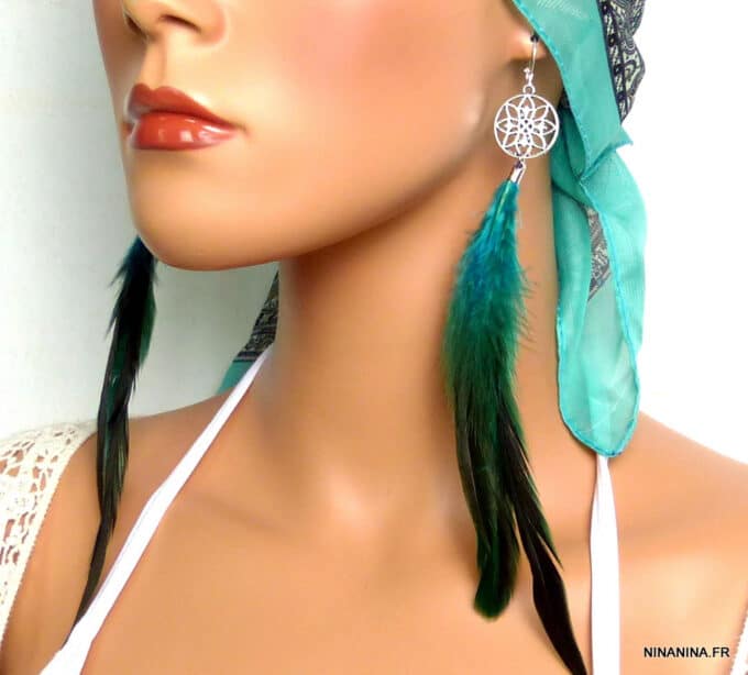 N5022G boucles d'oreilles plumes turquoises