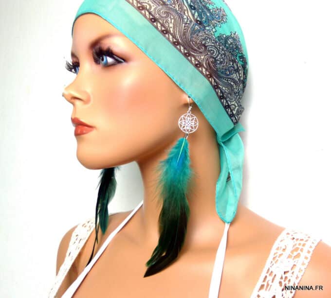 N5022H boucles d'oreilles plumes turquoises