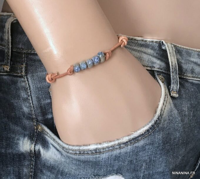 N5023a Bracelet cordon Cuir perles bleues céramique homme femme - Bijoux Bracelets en ligne Ninanina
