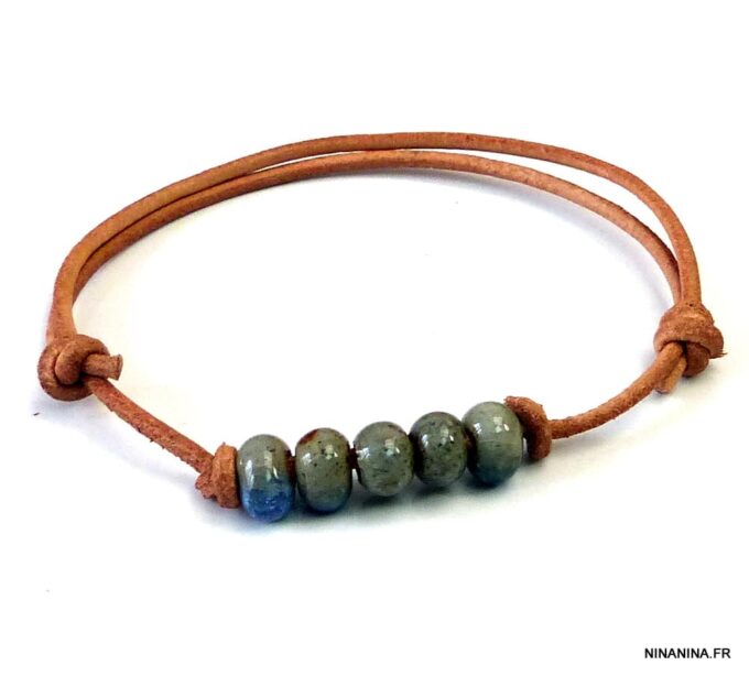 N5023b bracelet cordon cuir perles ceramique bleues
