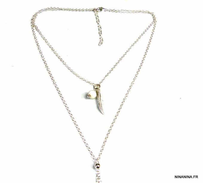 N5024 Collier long plume argent massif et turquoise blanche