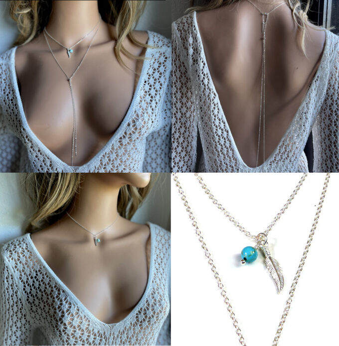 N5024 Collier Sautoir plume Argent Et Turquoise Double Rang - Bijoux Colliers Sautoirs en ligne Ninanina