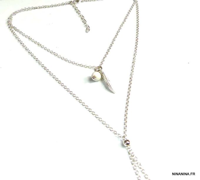 N5024a Collier long plume argent massif et turquoise blanche