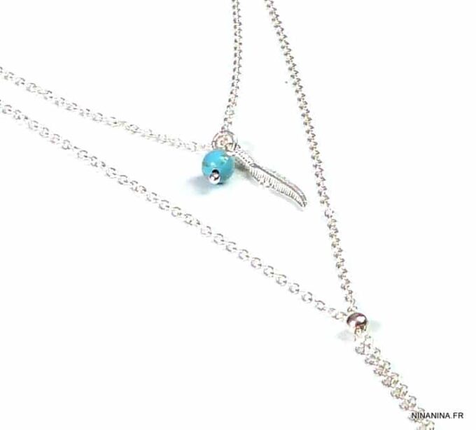 N5024a Collier long sautoir plume argent massif et turquoise