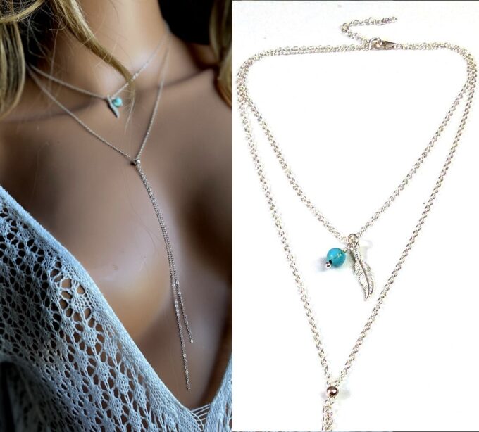 N5024a Collier Sautoir plume Argent Et Turquoise Double Rang - Bijoux Colliers Sautoirs en ligne Ninanina