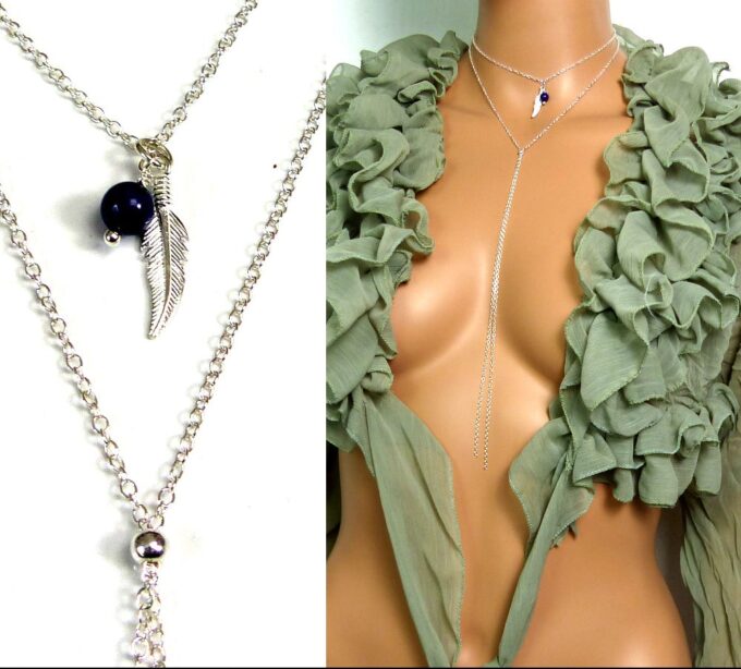 N5025 Collier long plume argent massif et lapis lazzuli