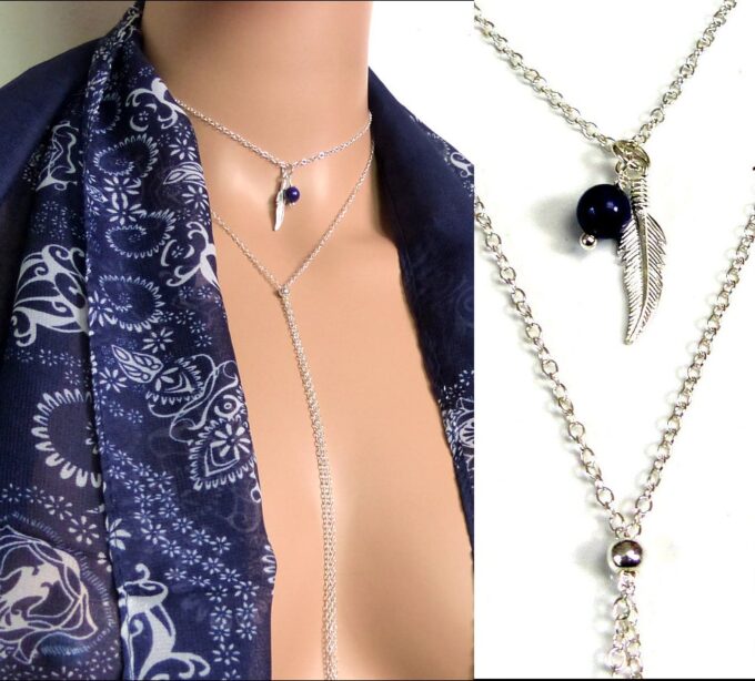 N5025bisa Collier long plume argent massif et lapis lazzuli