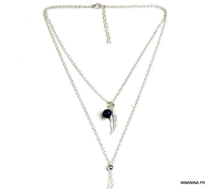 N5025d Collier long plume argent massif et lapis lazzuli