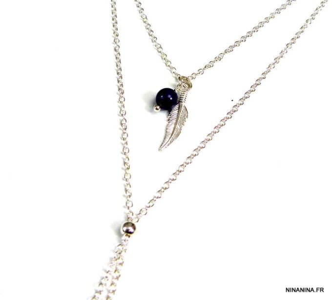 N5025e Collier long plume argent massif et lapis lazzuli