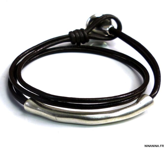 N5030 Bracelet cordon cuir 2 tours perle tube zamak