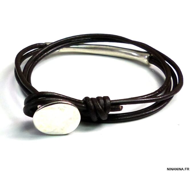 N5030b Bracelet cordon cuir 2 tours perle tube zamak