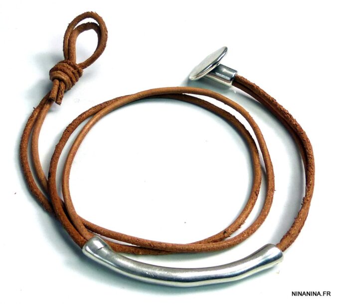 N5030e Bracelet cordon cuir 2 tours perle tube zamak