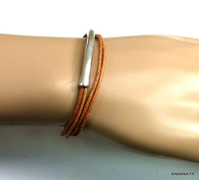 N5030f Bracelet cordon cuir 2 tours perle tube zamak