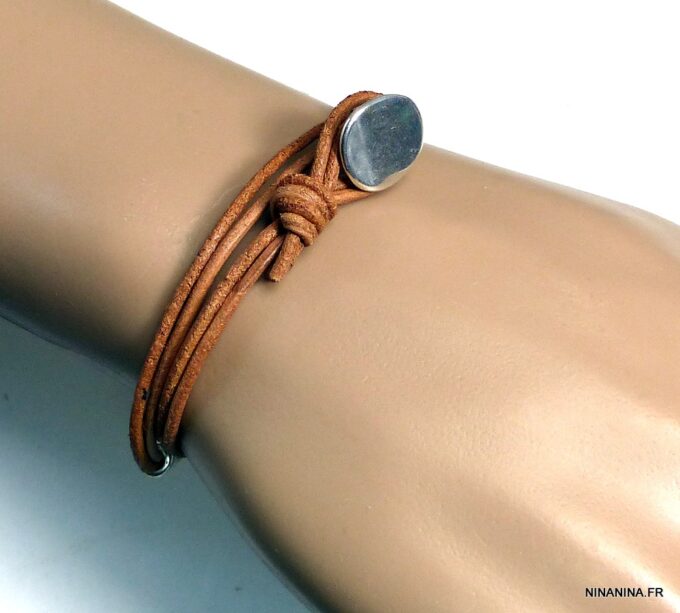 N5030g Bracelet cordon cuir 2 tours perle tube zamak